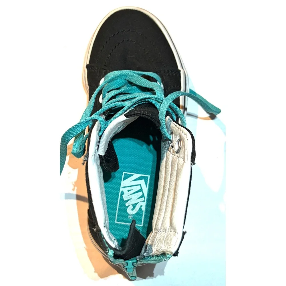 Vans Sk8-Hi Zip Black Cat Teal High Top Skate Shoes Kids Size 12